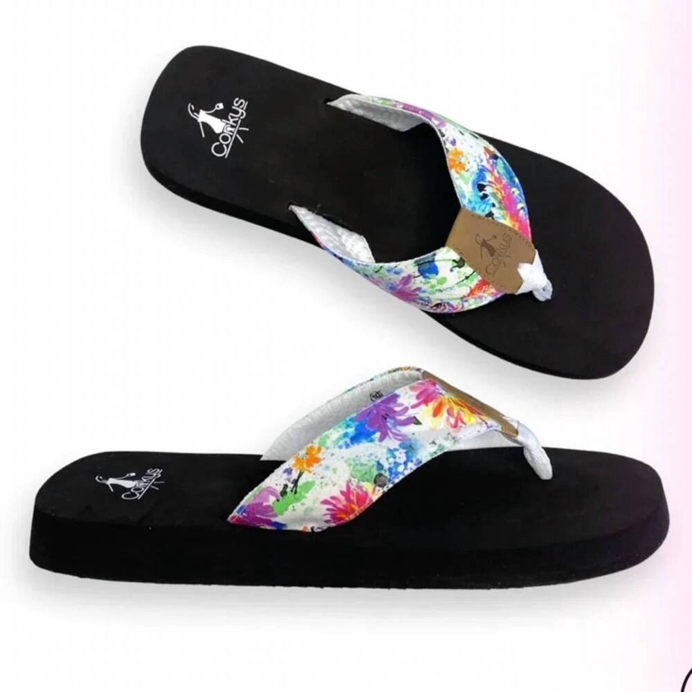 NEW CORKYS FOOTWEAR women's beach babe sandal in floral splatter